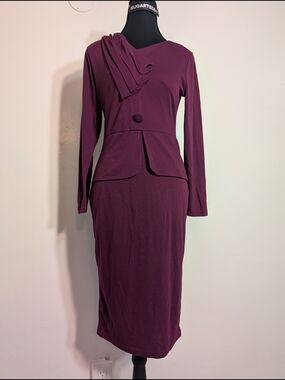 Elegant Plum Long-Sleeve Sheath Dress with Scarf Detail